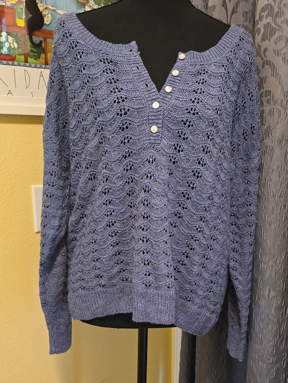 Blue Knit Henley Sweater